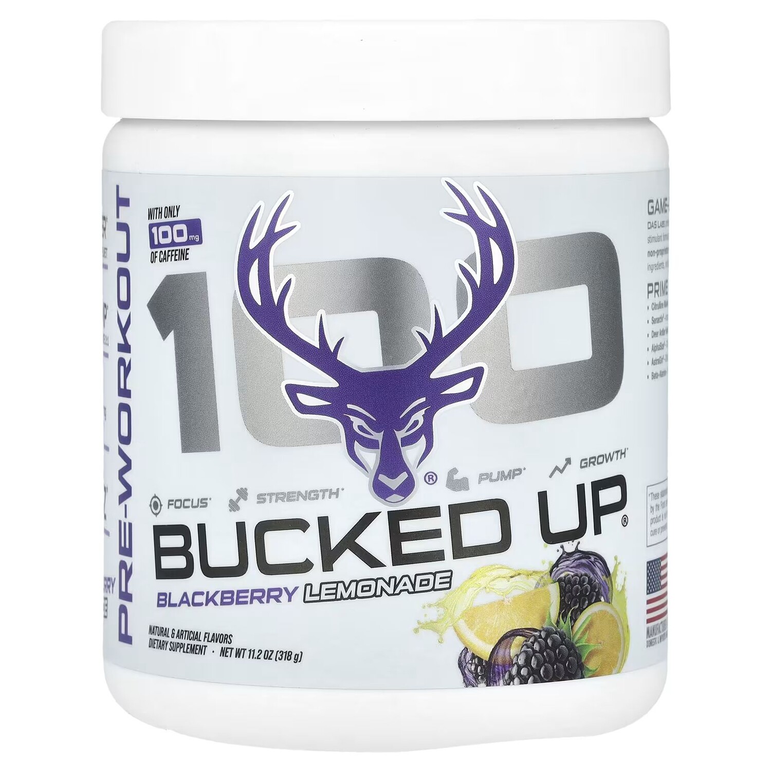 

100, Предтренировочный комплекс, ежевичный лимонад, 11,2 унции (318 г) Bucked Up