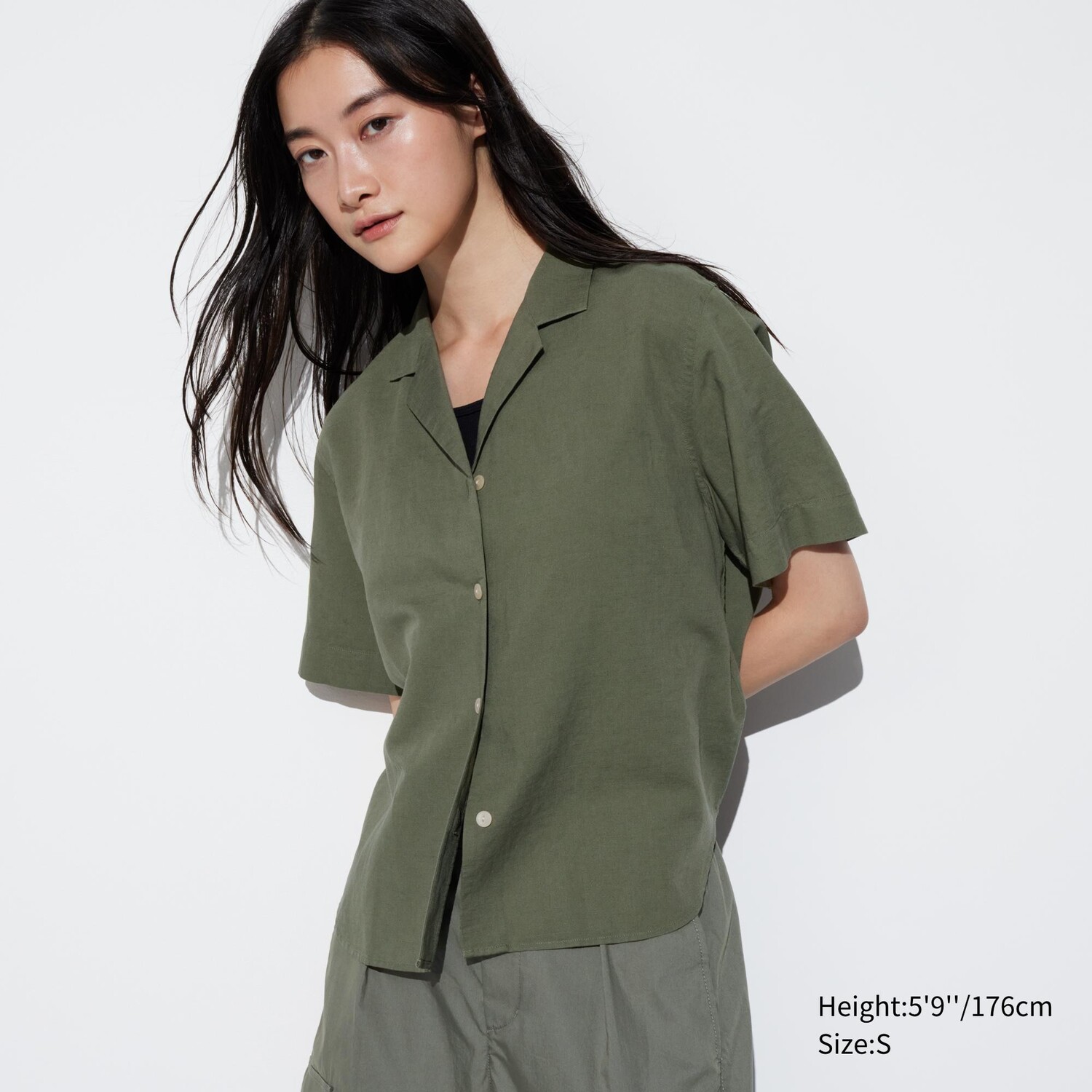 

Рубашка UNIQLO льняная с открытым вырезом и короткими рукавами, оливковый