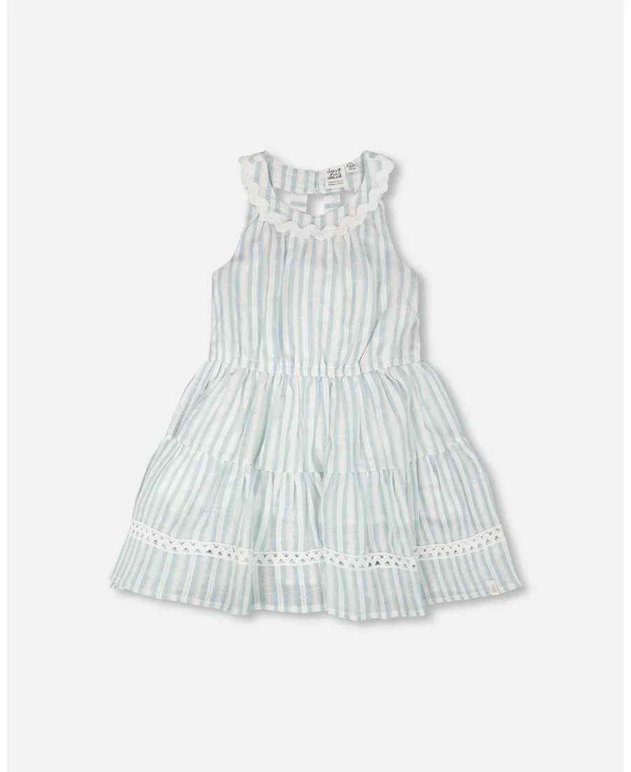 Платье для девочек постарше в многоярусную полоску Deux par Deux, белый and синий stripes