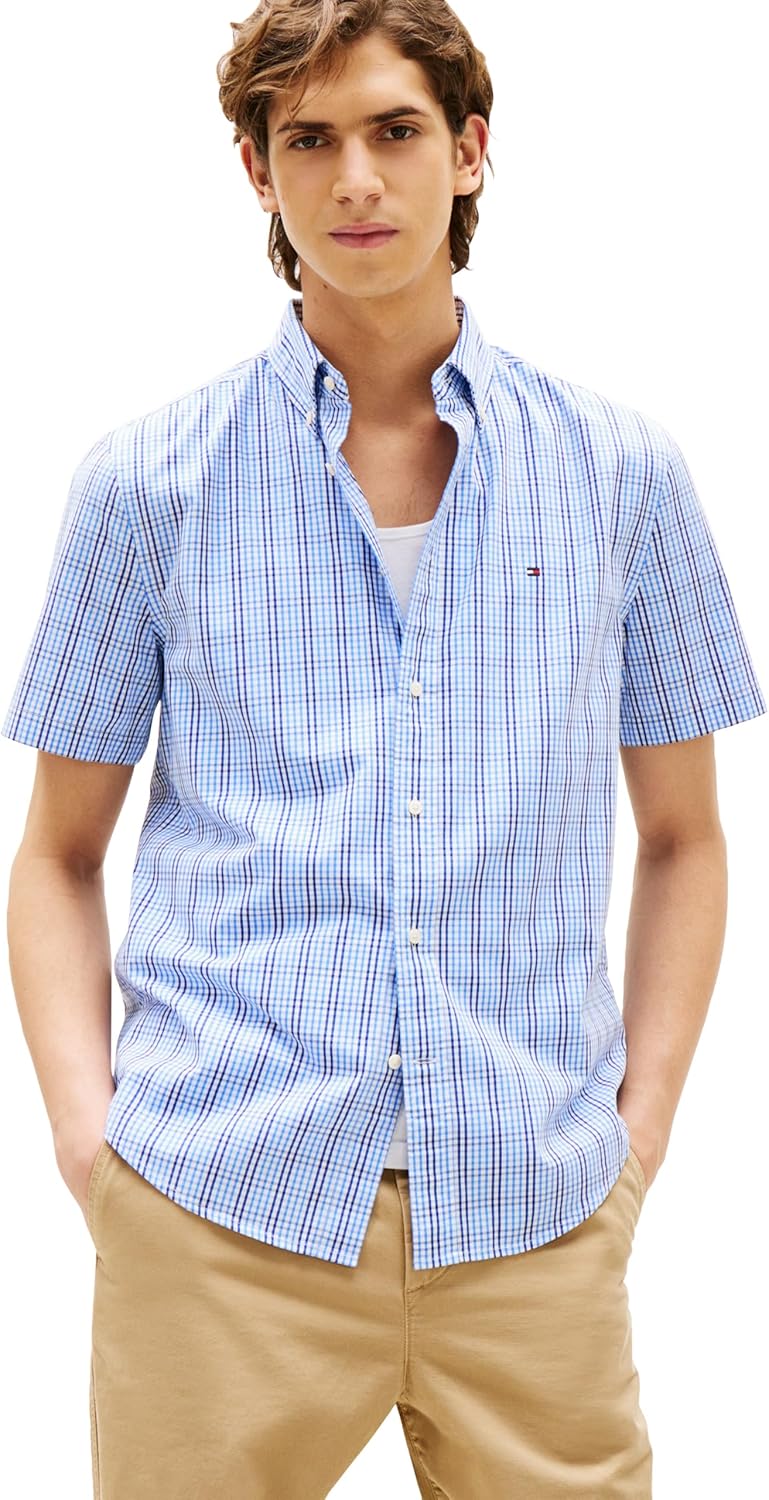 

Рубашки оксфорды Tommy Hilfiger Men's с коротким рукавом, классический крой, мужские рубашки на пуговицах, Wedge Blue / Multi Check