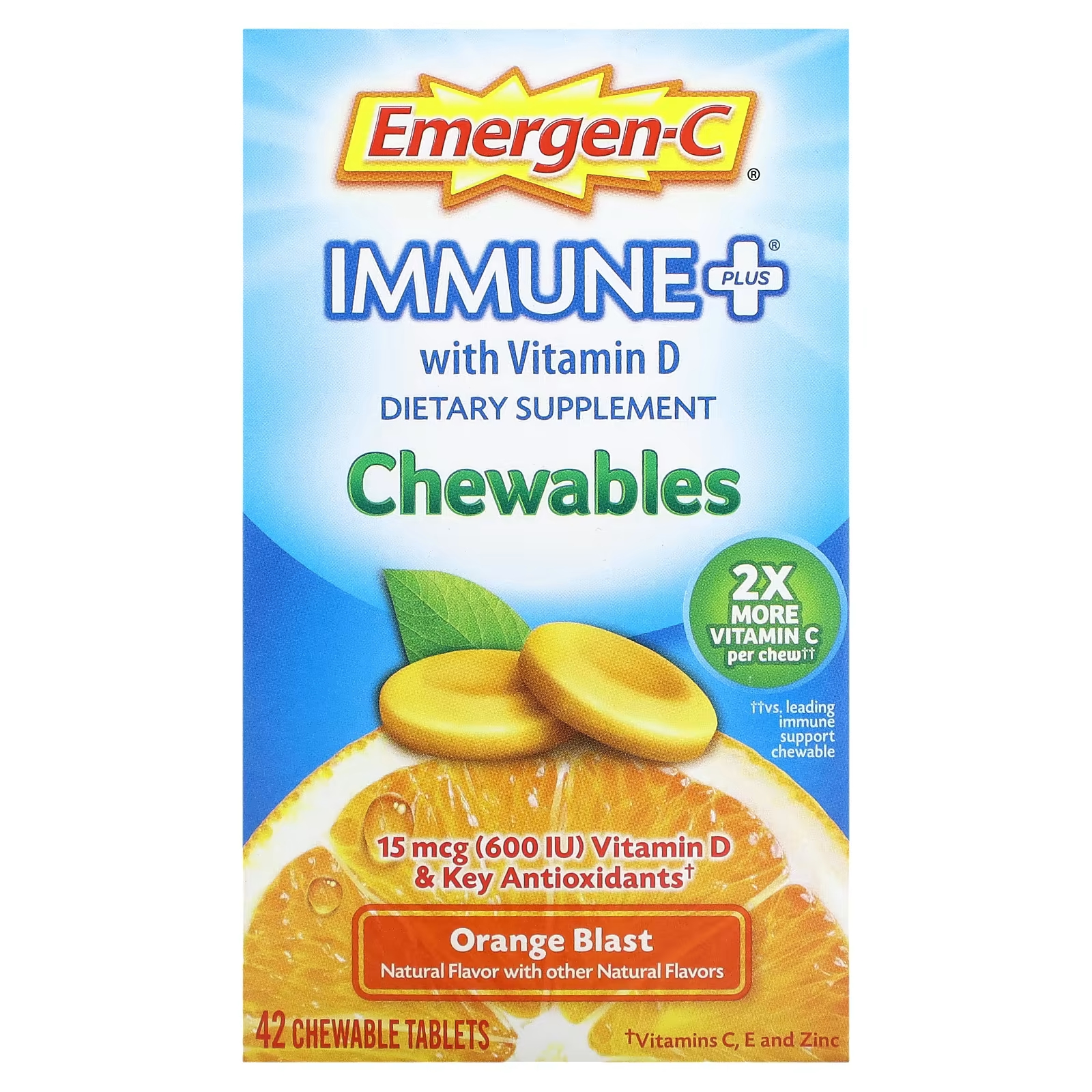 

Добавка Emergen-C Immune Plus Orange Blast с витамином D, 42 жевательные таблетки