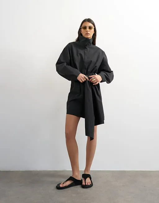 

Темно-серое платье-рубашка с длинными рукавами и воротником-воронкой Topshop