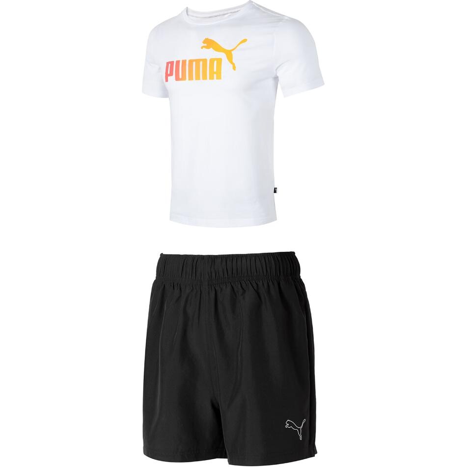 

Повседневный спортивный мужской комплект: белый топ и черные шорты Puma, белый