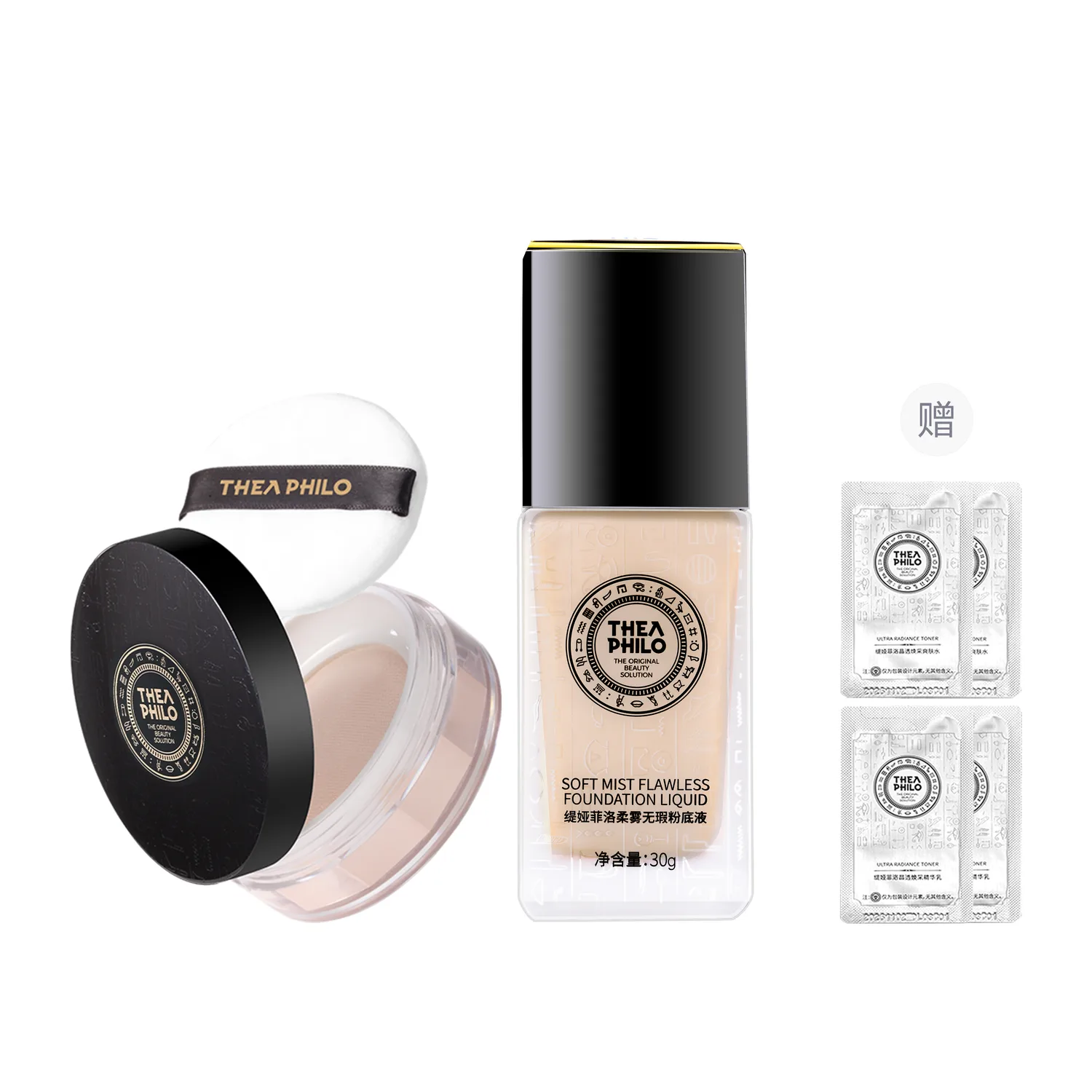 THEA PHILO Тональная жидкость для лица с кактусовой эссенцией для контроля жирного блеска, Liquid Foundation Ivory White+Loose Powder 1# Soft Skin