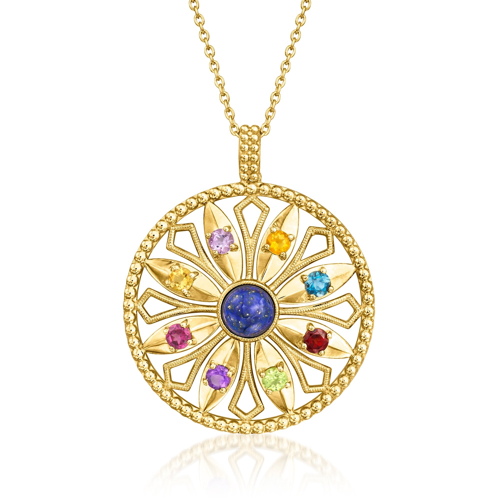 

Ожерелье Ross-Simons с лазуритом и цветком из 18-каратного золота поверх стерлингового серебра. Ross-Simons, 18 In