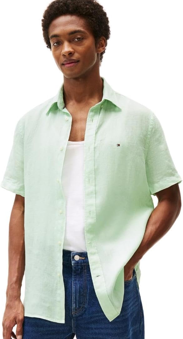 

Мужские повседневные льняные рубашки Tommy Hilfiger с коротким рукавом и застежкой на пуговицы, классический крой, Opal Green