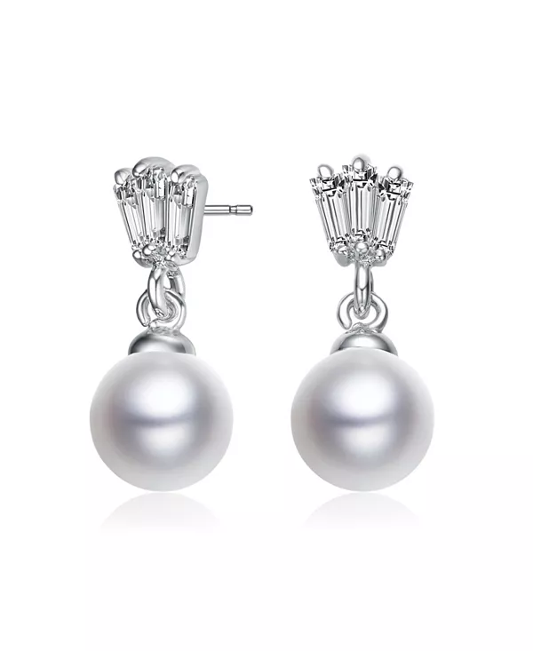 

Серьги-Подвески из стерлингового серебра 925 пробы с белым круглым пресноводным жемчугом и прозрачными кубическими цирконами огранки «багет» Genevive, silver