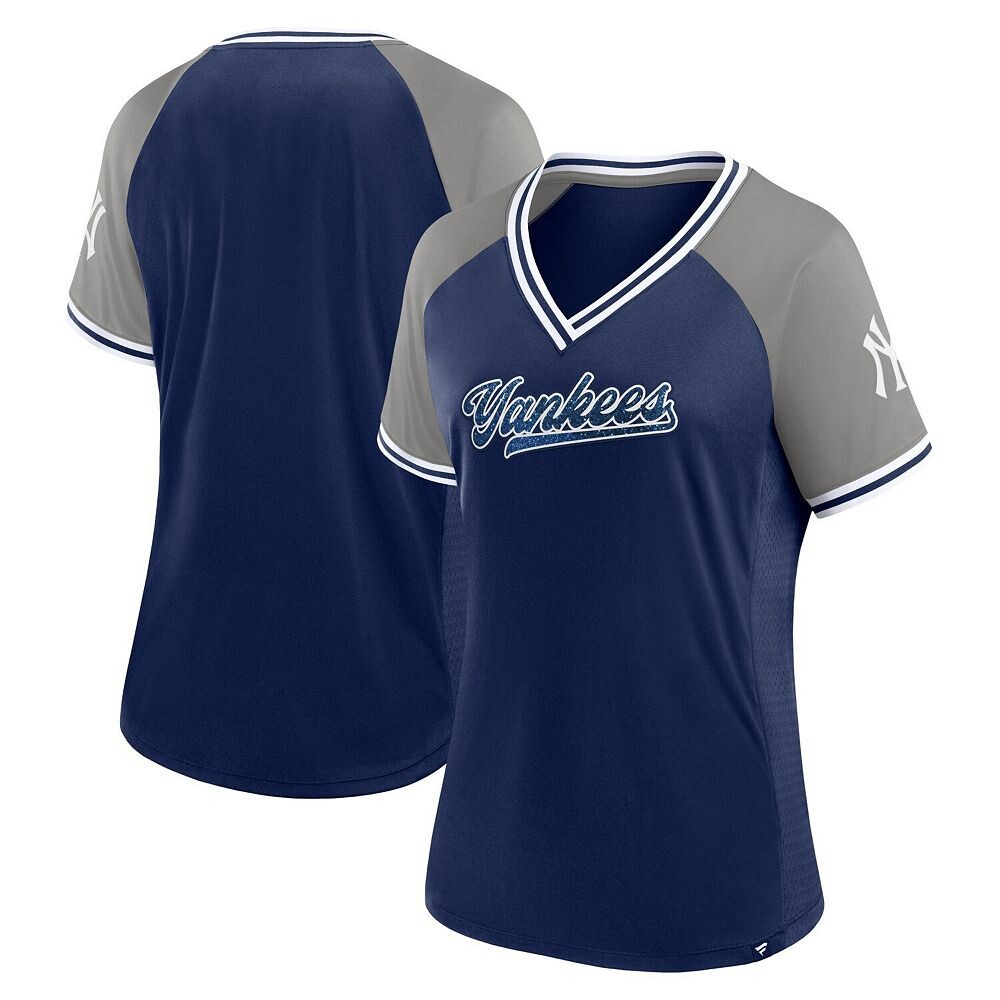 

Женская футболка Fanatics Branded Navy с v-образным вырезом New York Yankees Glitz & Glam League Diva Raglan, цвет Ynk Navy