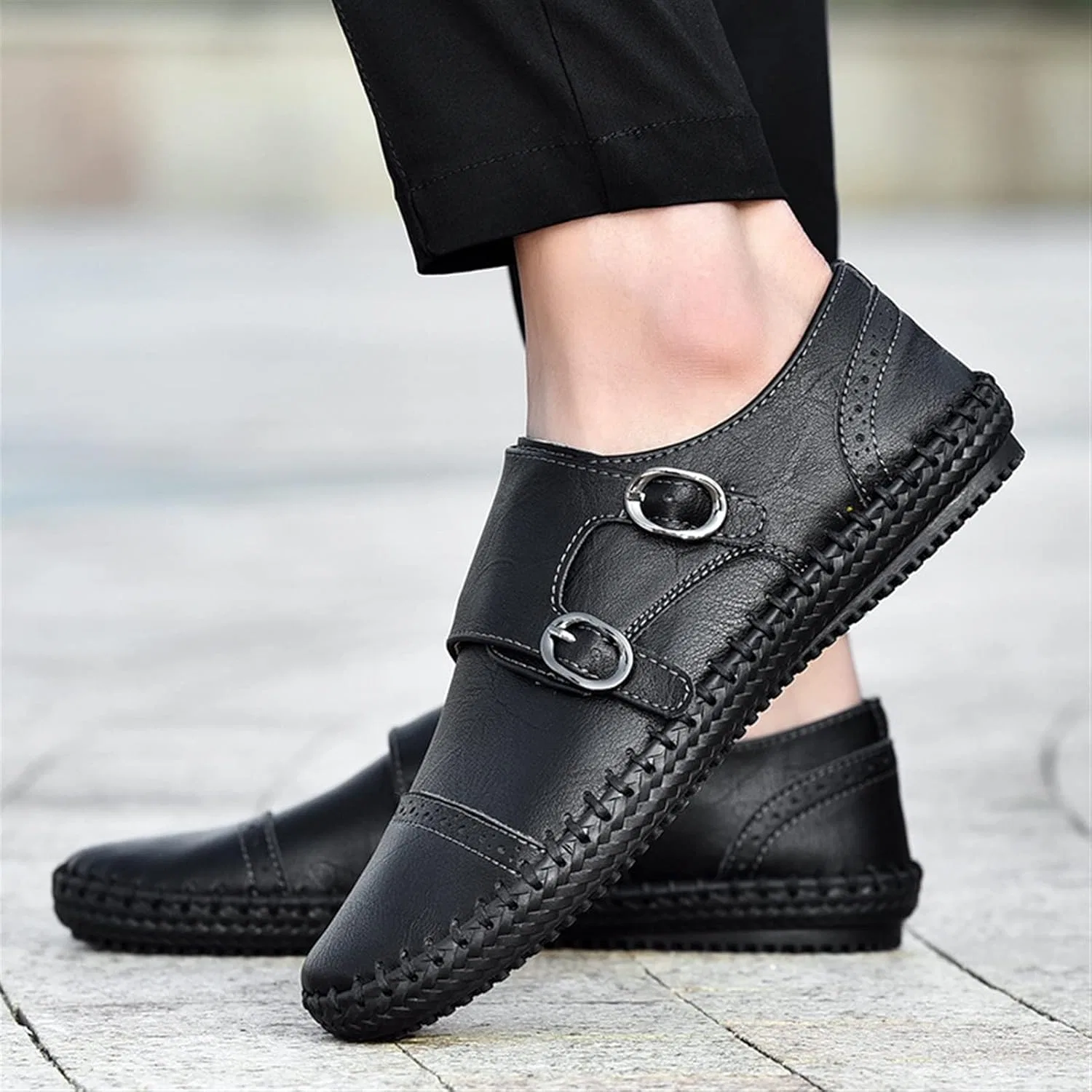 Лоферы кожаные с мыском, Monk Strap, черный — фото 2