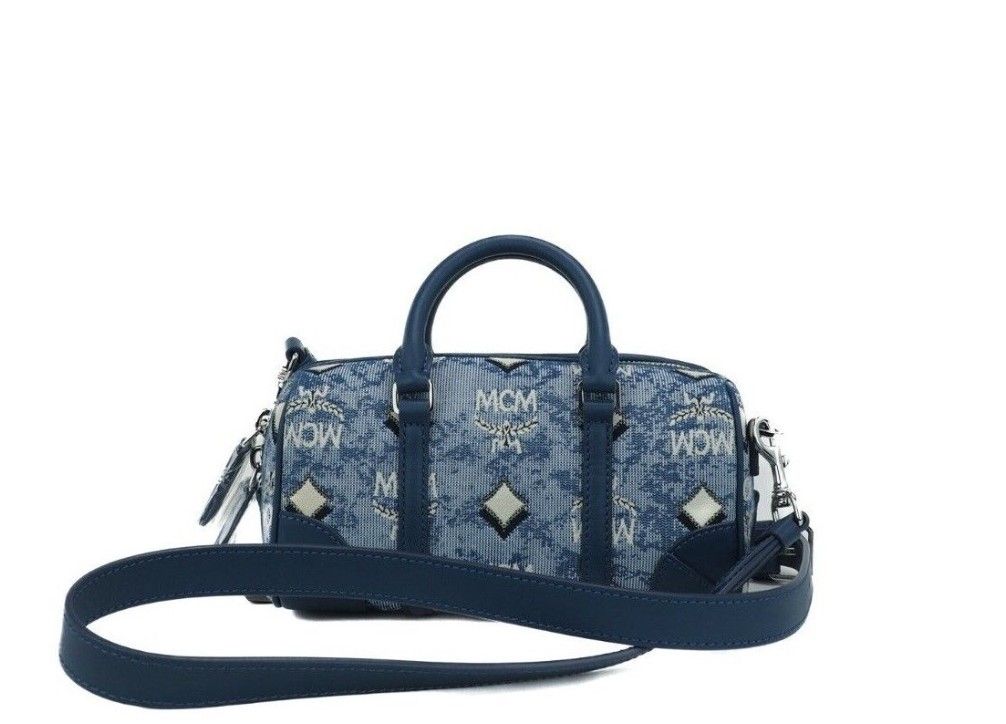 

Сумка-портфель через плечо Boston Mini Blue Vintage Jacquard Logo Fabric Satchel MCM