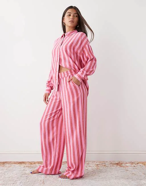 

Комбинированные льняные брюки в розово-красную полоску Noisy May