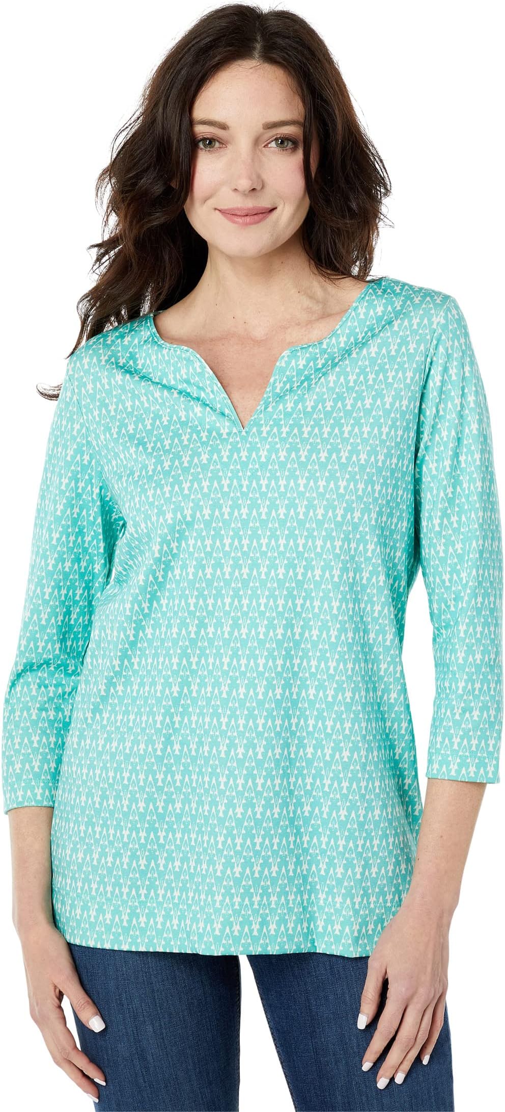 

Туника L.L.Bean Pima Tops Split-Neck Tunic 3/4 Sleeve Print, цвет Teal Ikat