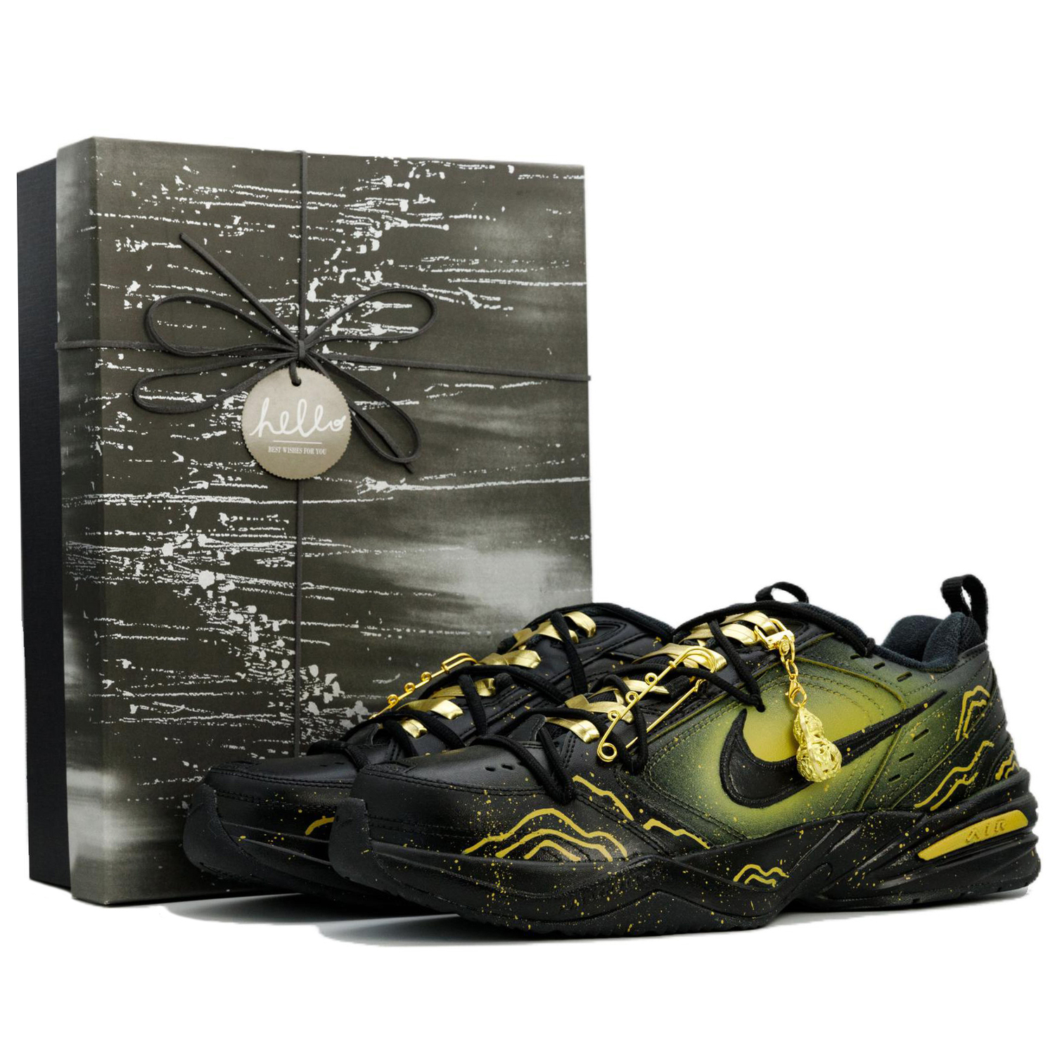 

Мужские и женские кроссовки Nike Air Monarch 4 Black Gold Dominator с подарочной коробкой, устойчивые к истиранию, низкие, массивные, черные с черно-золотым доминирующим дизайном