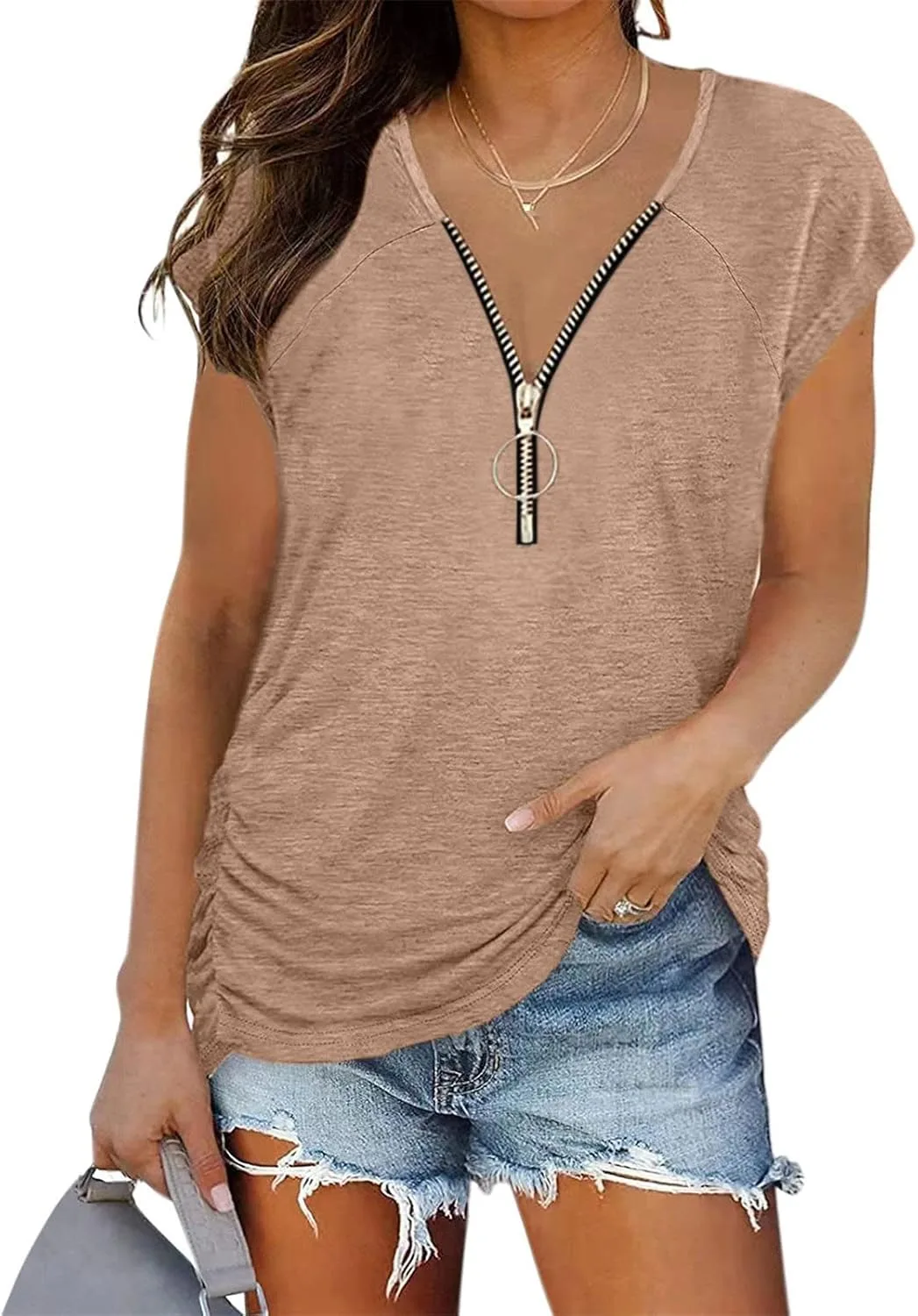 

Женская футболка с застежкой-молнией спереди, короткий рукав, V-образный вырез, летний топ JEsilunmaMY