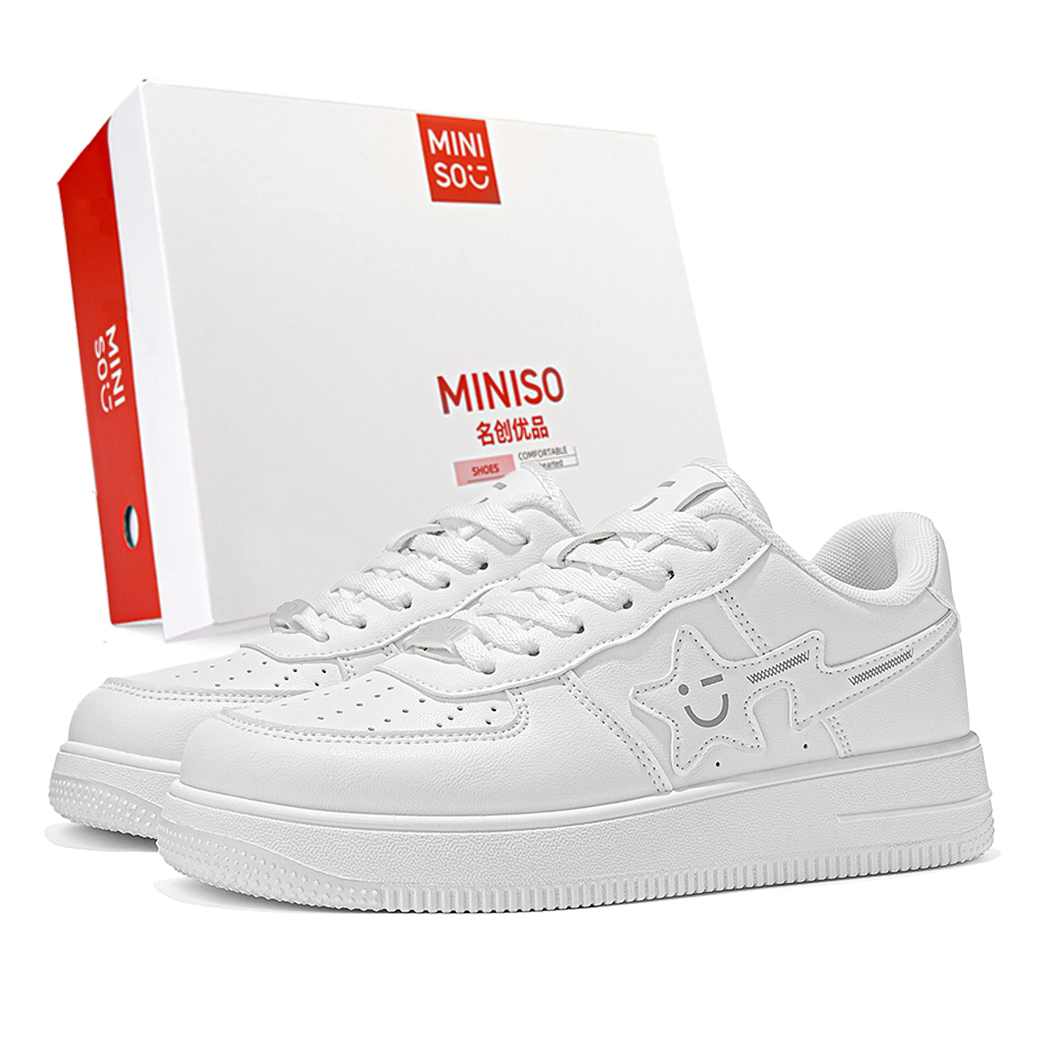 

MINISO Низкие скейтерские кроссовки унисекс белые с эффектом увеличения роста, цвет White Height Increasing-Box