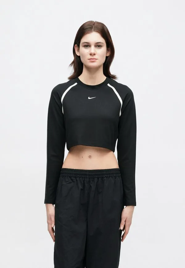 Яркий укороченный топ с длинными рукавами в уличном стиле Nike Sportswear, Black/Chalk — фото 4
