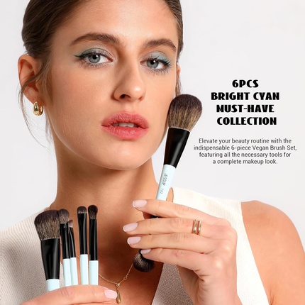Набор кистей для макияжа Makeup Brush Set 6pcs Double Sided Brushes Foundation Contour Blush Highlight Blending Eyebrow Eyeshadow Vegan Make up Bright Cyan T501 — фото 3