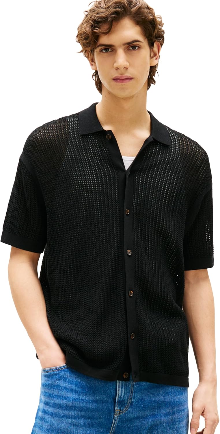 

Мужская структурированная трикотажная рубашка Tommy Hilfiger с коротким рукавом, стандартного кроя, Black