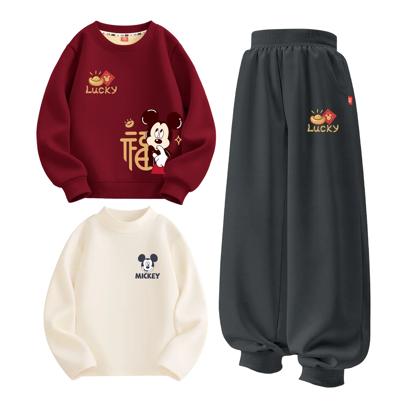 Детский спортивный костюм с круглым вырезом Disney, [Thickened and Fleece-Lined Three-Piece Set]Dubai Year Star K Burgundy+Dubai Starlight K Graphite Gray+Dubai Big Smile K Milk White — фото 4