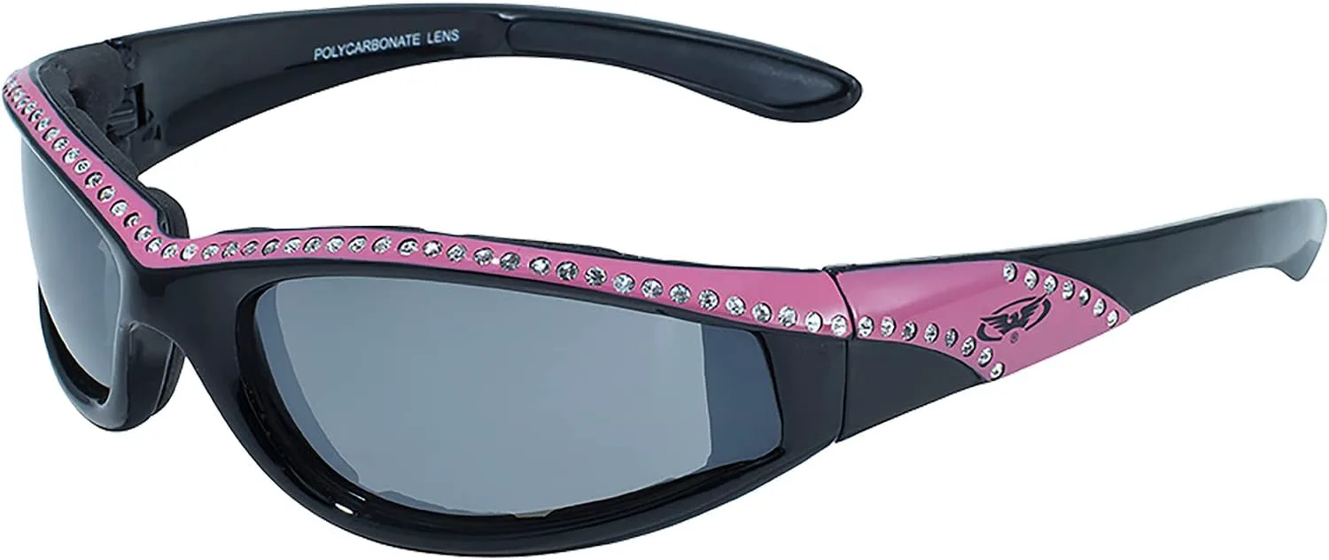 

Солнцезащитные очки Global Vision Marilyn 11 женские, черные, с блестками, в оправе с розово-оранжево-черными глянцевыми полосами и зеркальными линзами, Smoke