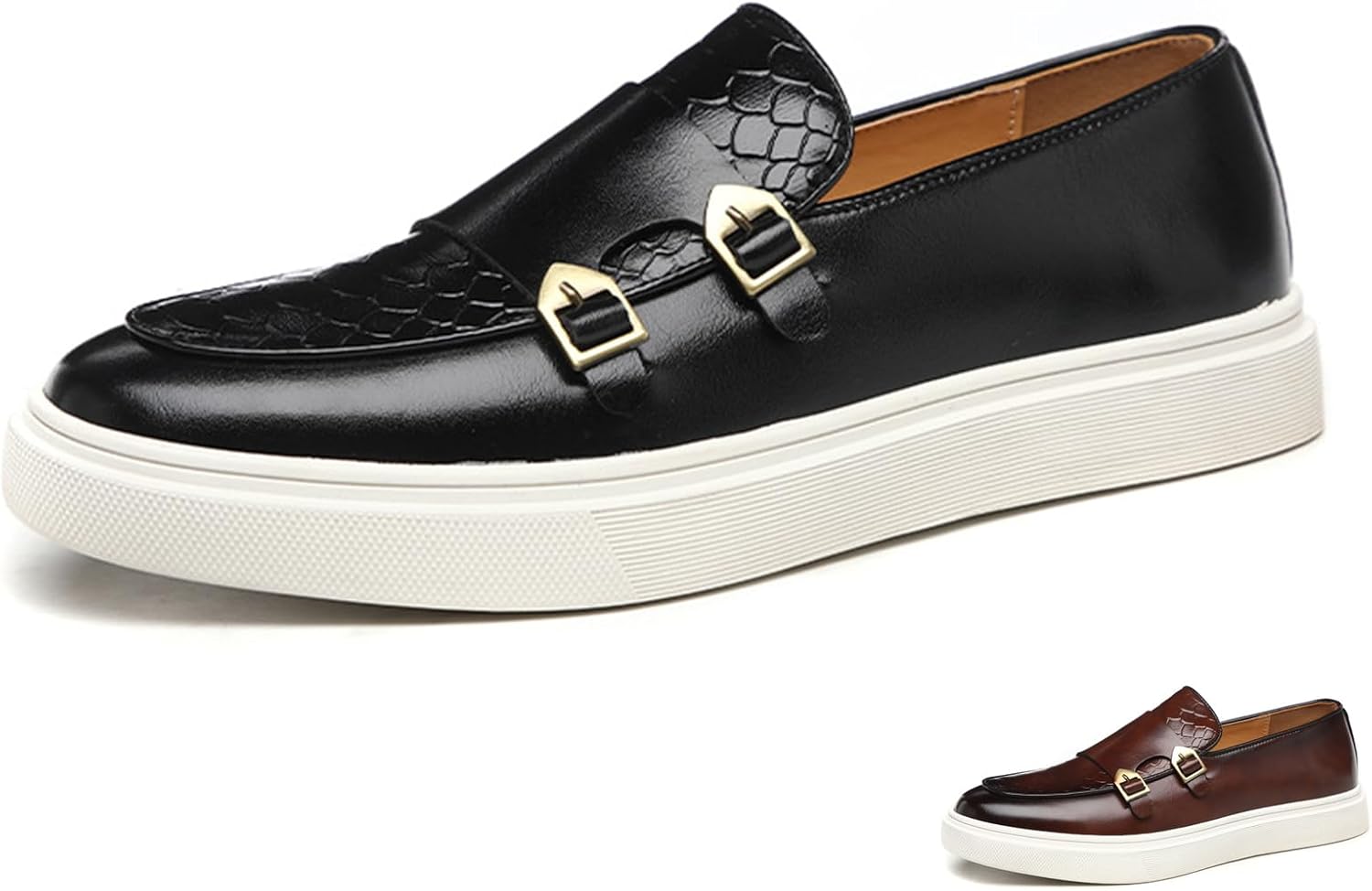 

Мужские лоферы GLBDU с рисунком, двойной пряжкой монах, кожа, слипоны, классический округлый носок, низкий верх, нескользящие, модные кроссовки, роскошная повседневная и деловая обувь, черный