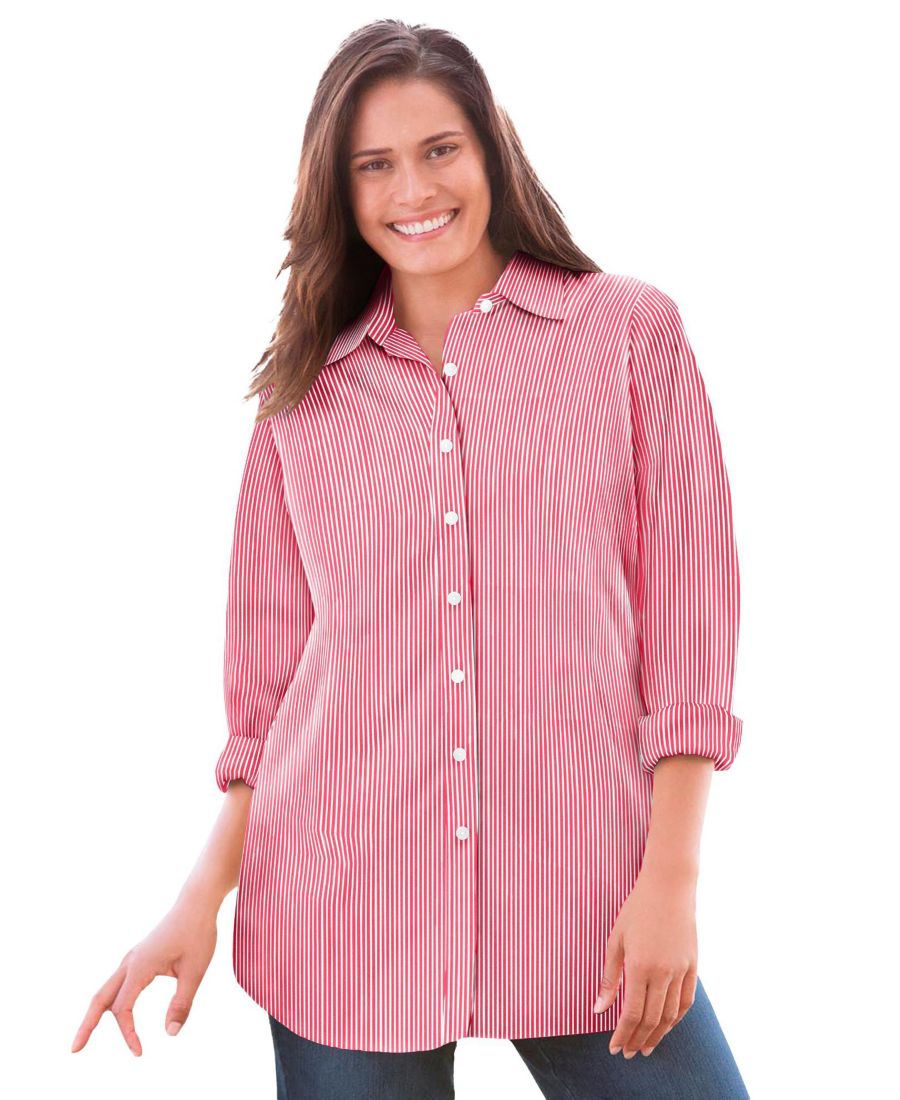 

Рубашка с длинным рукавом идеального размера для полных женщин Woman Within, Classic red stripe