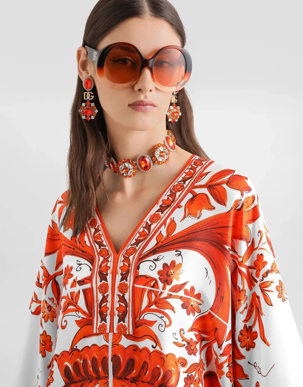 Короткое платье-кимоно из твила с принтом «Майолика» DOLCE & GABBANA, бежевый — фото 4
