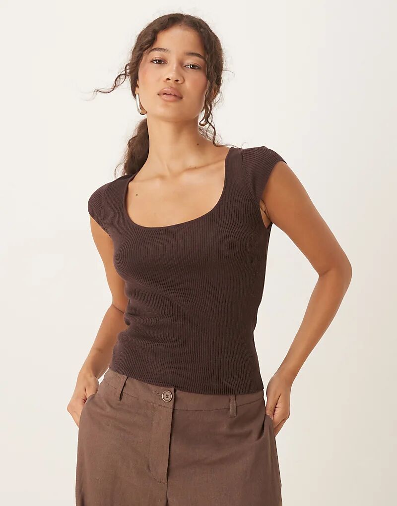 

Футболка Mango с короткими рукавами, коричневая, в рубчик