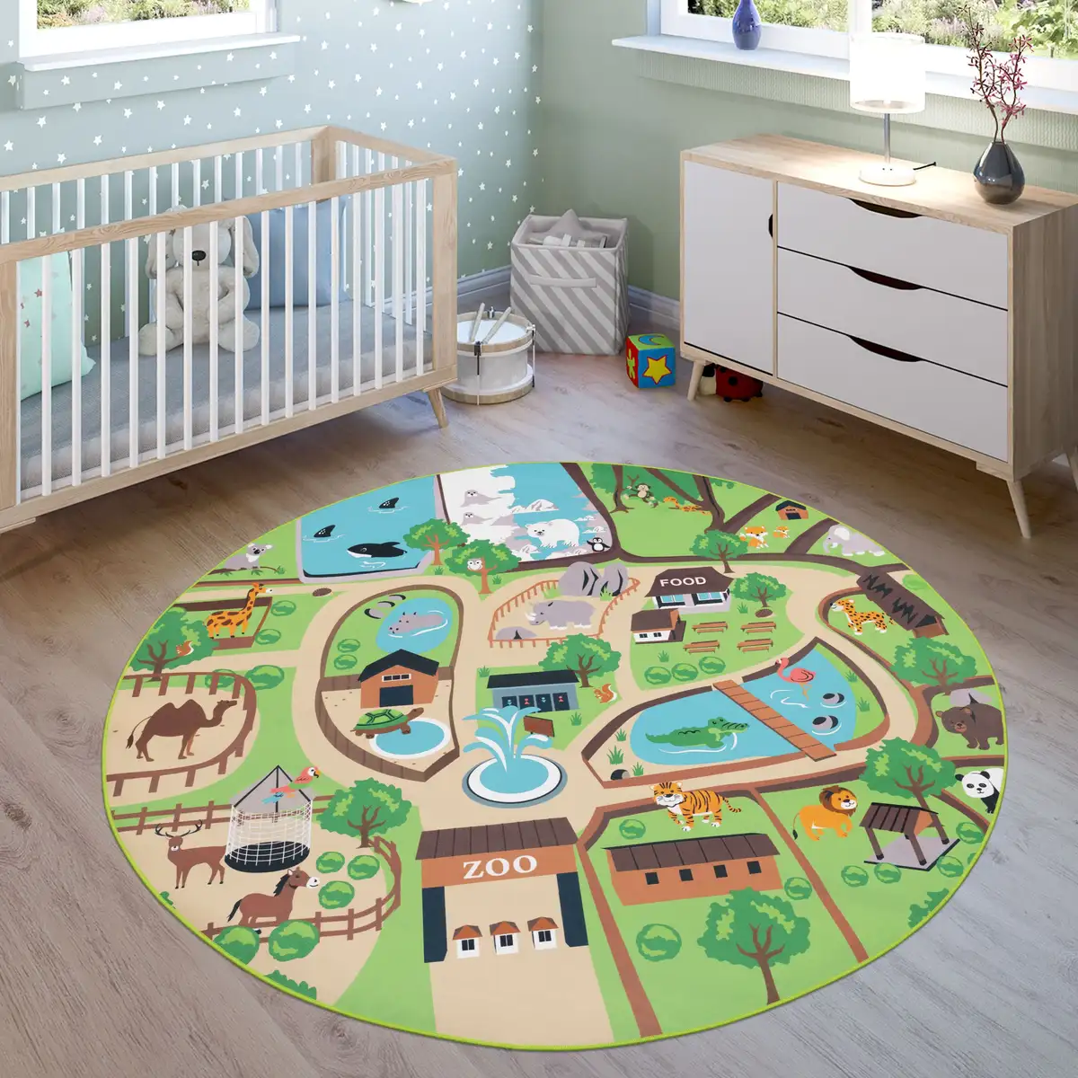 

Детский коврик Paco Home "Bino 563", круглый, короткий ворс, коврик для уличных игр, мотив зоопарка, детская комната Ø 160 см, бежевый