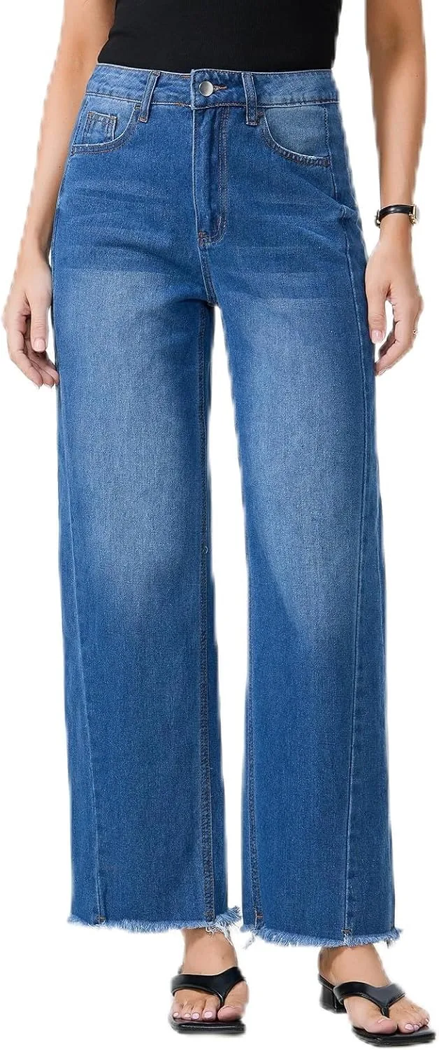 

MARIASHA Женские джинсы с высокой талией и широкими штанинами Raw Hem Zimbaplatinum Denim Relaxed Fit