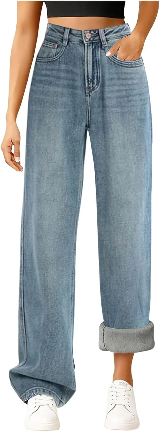 

Женские джинсы с флисовой подкладкой прямые широкие с карманами