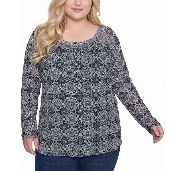 

Топ с длинным рукавом реглан и сетчатым узором Ny Collection, Black White Medalion