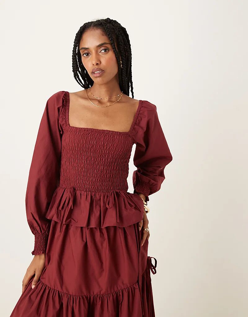 

Glamorous блузка с длинными рукавами, сборками и завязками в бордовом цвете.