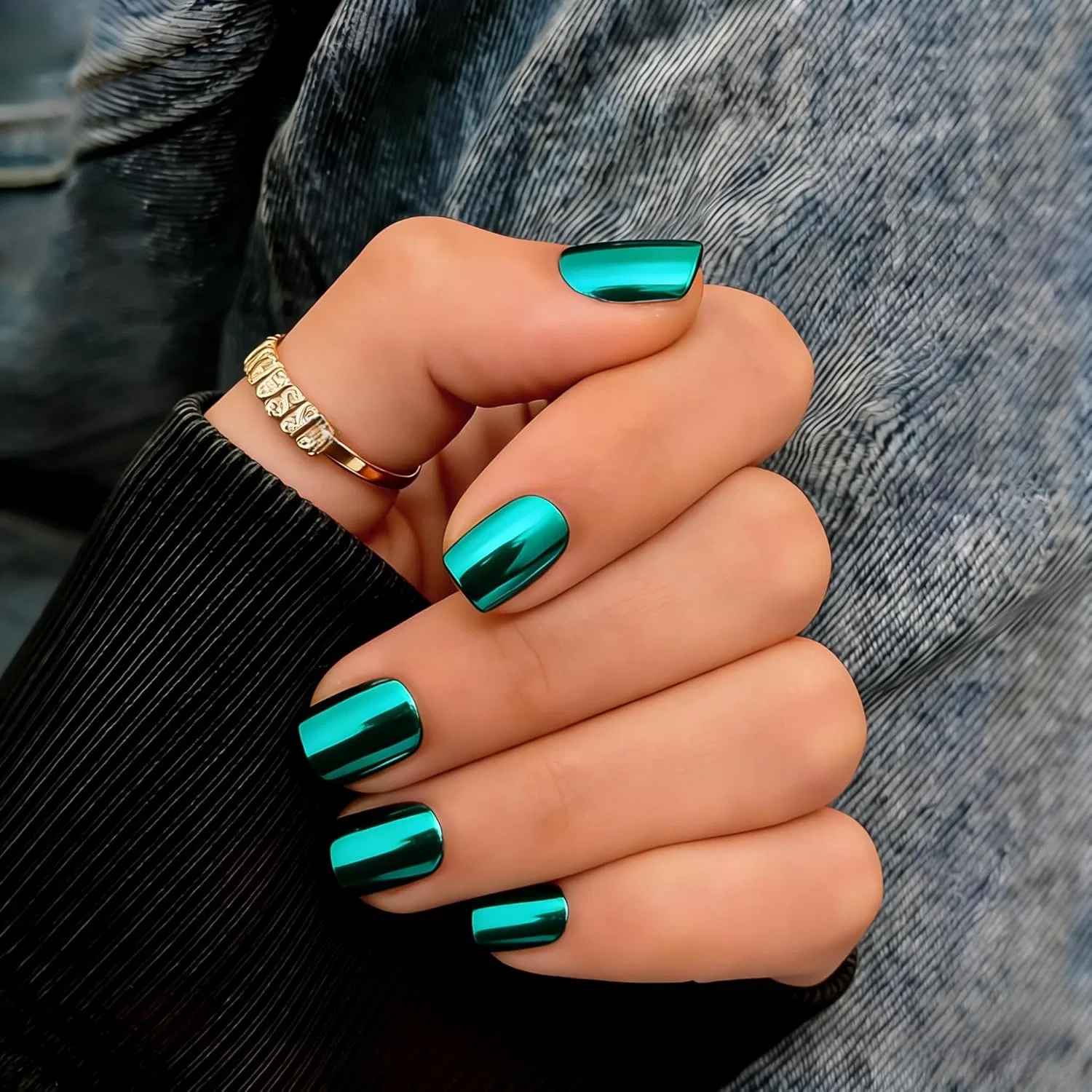 Короткие накладные ногти KQueenest «Chrome Light Green» Kqueenest, Square Turquoise