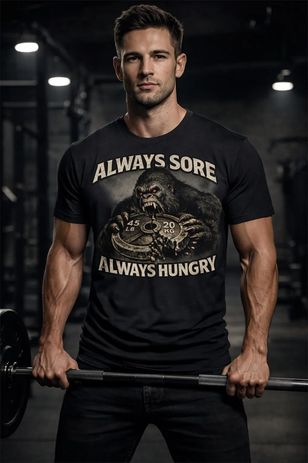 Футболка Always Sore Always Hungry Gorilla - Dark Motivation для тренажерного зала, силовых тренировок и развития стойкости GENERIC, серый — фото 3