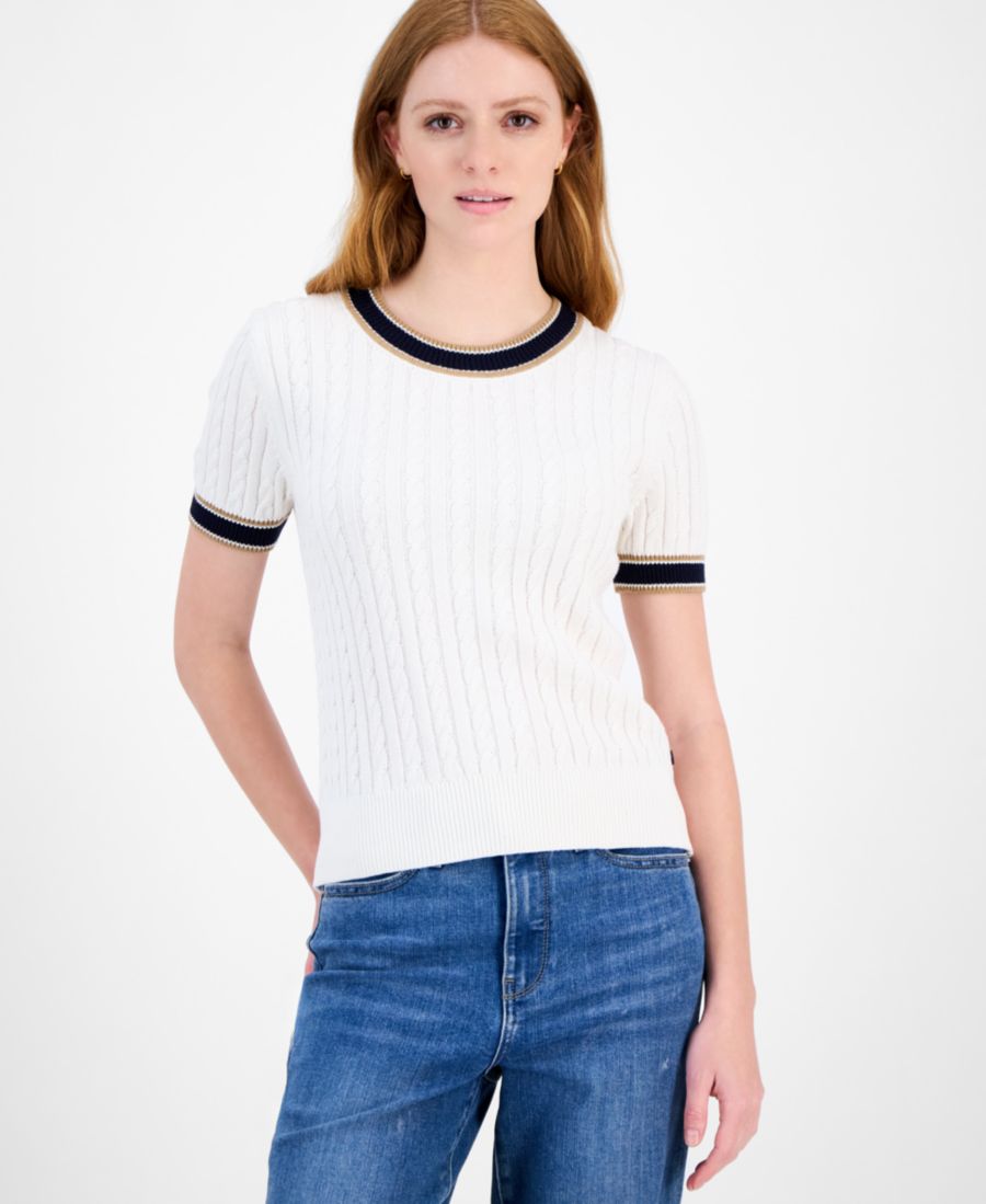 

Женский хлопковый свитер с короткими рукавами и косами Tommy Hilfiger, Ivory Multi