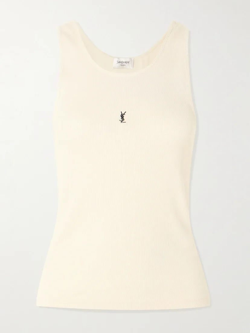 SAINT LAURENT Майка из ребристого хлопкового джерси с вышивкой Cassandre