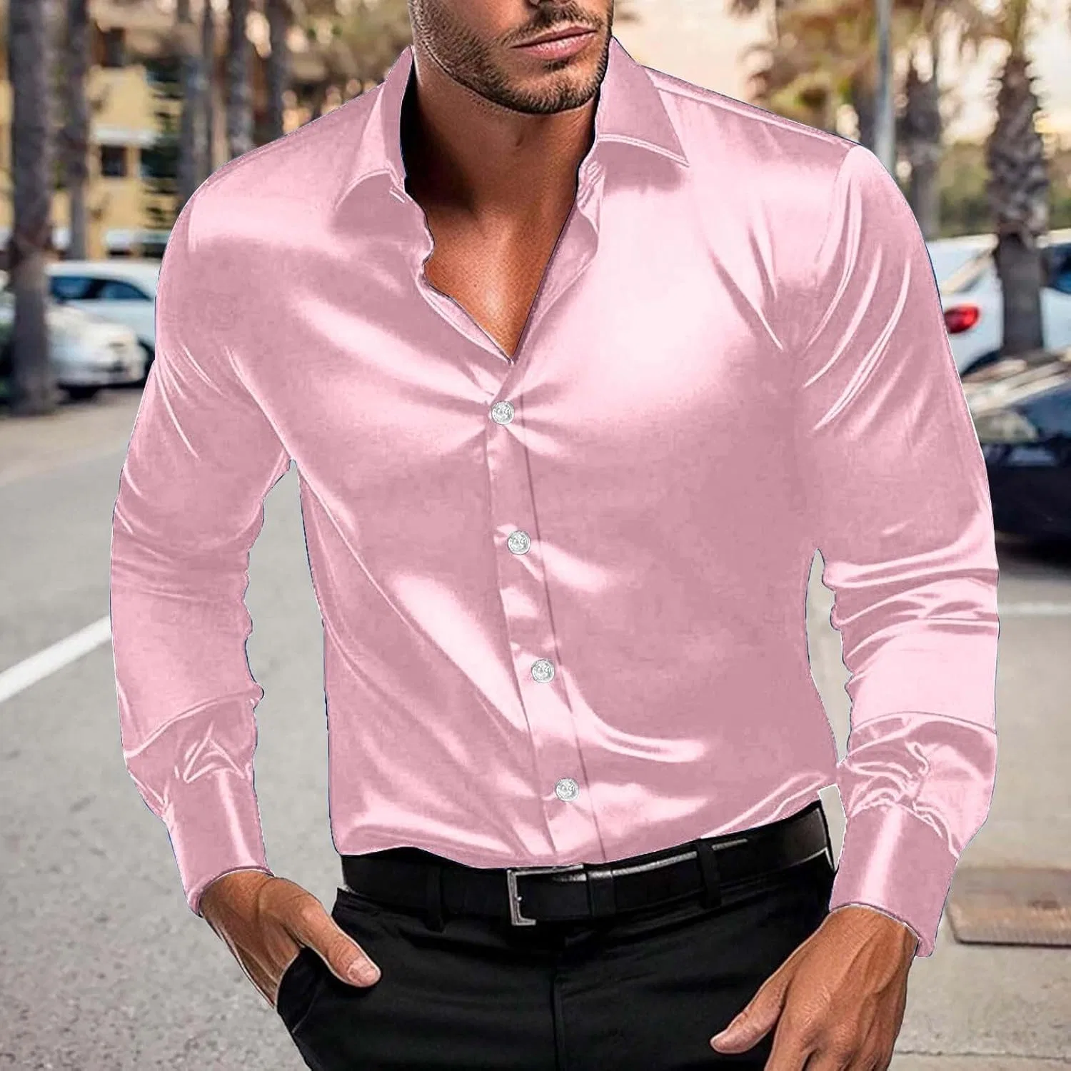 Мужская ретро-рубашка с длинным рукавом | Винтажная однотонная рубашка с воротником на пуговицах, мягкие рубашки для выходных и повседневной носки — фото 2