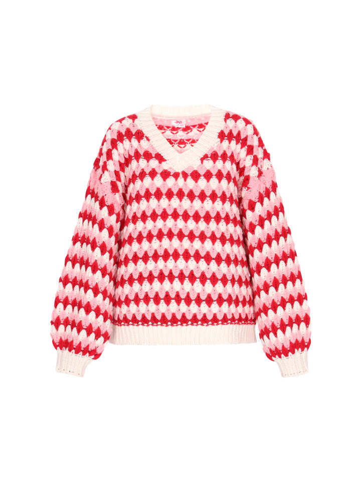 

Женский свитер красного цвета с разноцветными вставками myMo