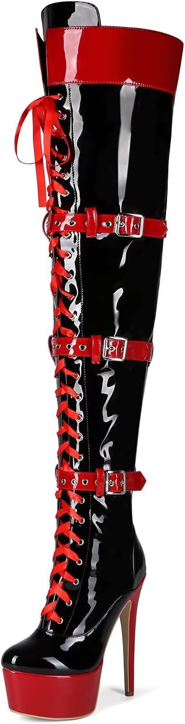 

Женские и мужские сапоги Frankie Hsu на платформе с высоким каблуком-кубиком выше колена, черные с красным лаковым ремешком, регулируемые по голени и бедру, больших размеров US5-19