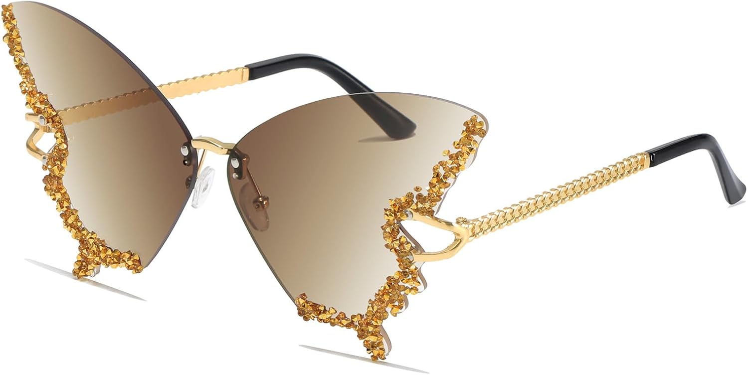 

Солнцезащитные очки YAMEIZE Diamond Butterfly без оправы - модные очки с кристаллами и стразами в форме бабочки, обеспечивающие защиту от УФ-излучения, для женщин и мужчин, для вечеринок, Gradient Brown