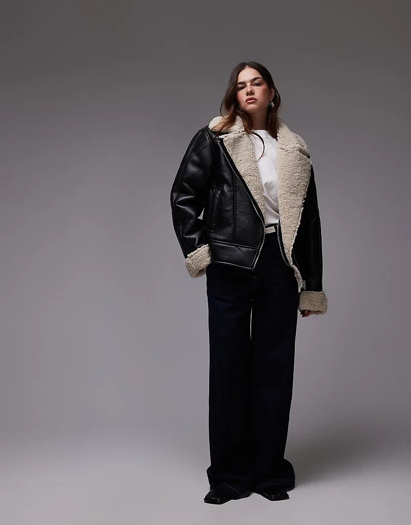 

Куртка-авиатор из овчины черного и кремового цвета Topshop