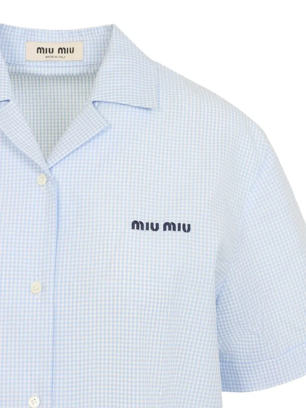 Рубашка в клетку-гингем с вышитым логотипом MIU MIU, синий — фото 3