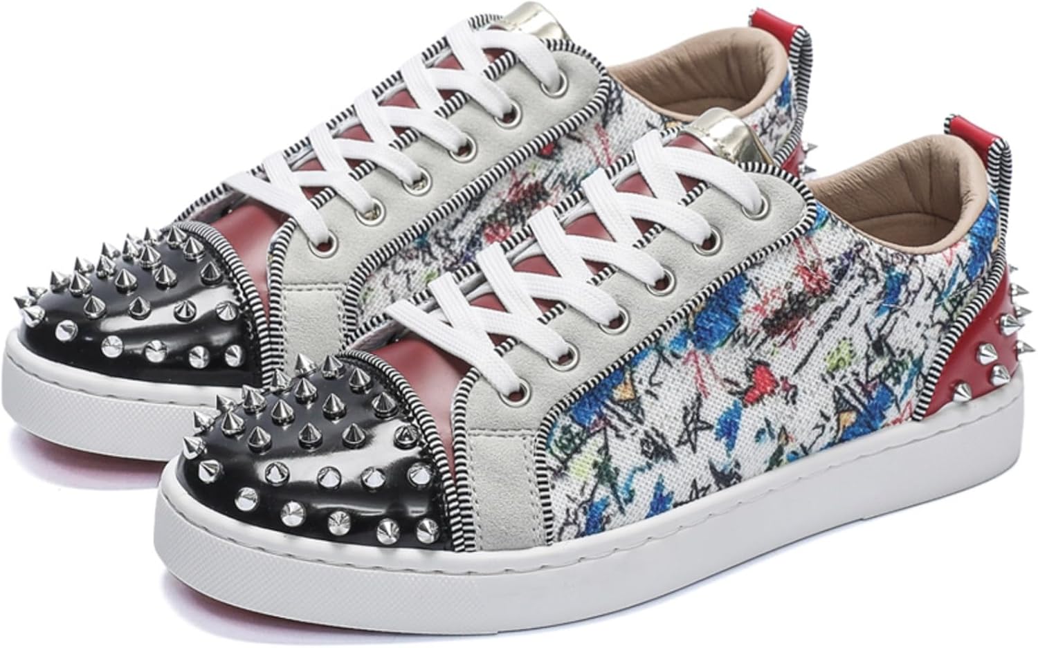 

Мужские панк-кеды с шнуровкой, заклепками и текстильным верхом - дышащие низкие повседневные обувь для уличного стиля, ночной жизни и повседневной носки Lshwcift, белый/красный