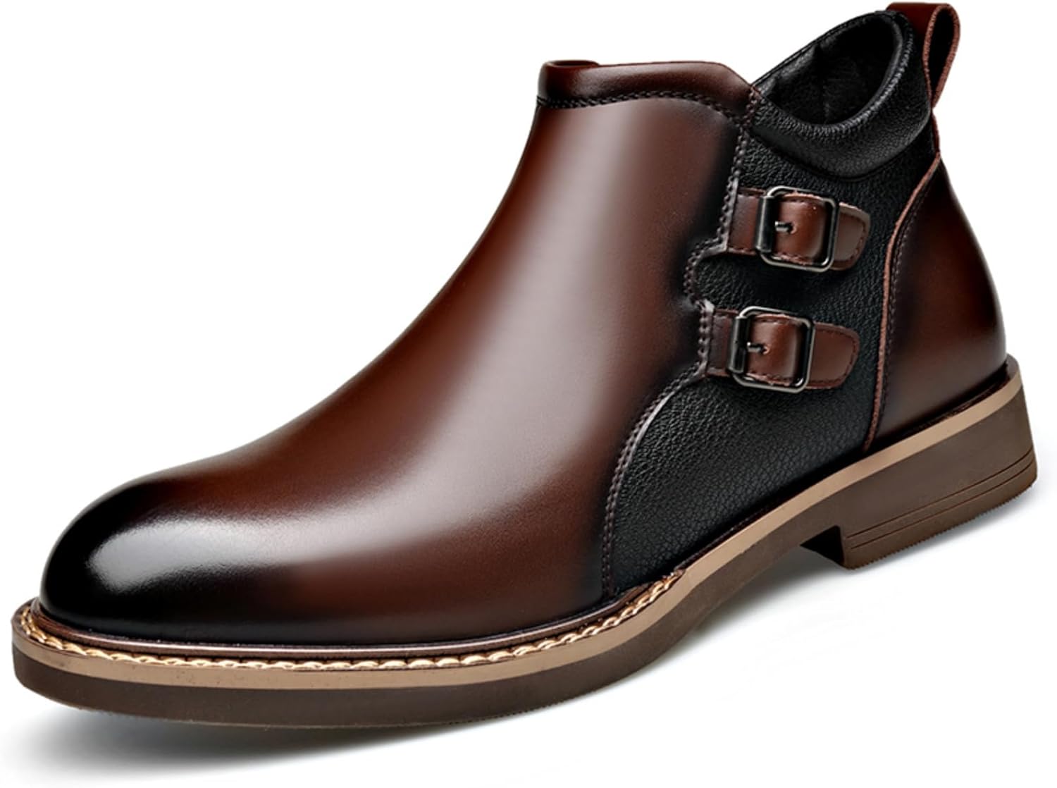 

Мужские кожаные челси с боковой молнией и двойными пряжками, с круглым носком, противоскользящие ботинки до щиколотки для офиса, официального и повседневного ношения Kelibasi, коричневый