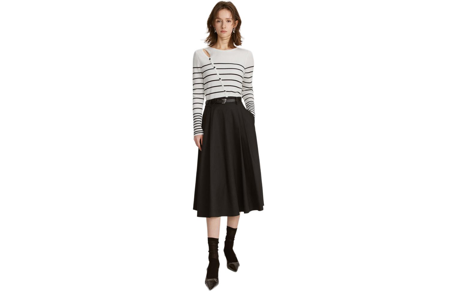 

ELLE Платье с длинными рукавами весеннее женское в черно-белую полоску