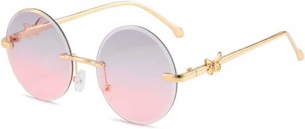 

Модные большие круглые солнцезащитные очки без оправы для женщин, роскошные очки с декором в виде бабочек, металлические дужки, мужские дорожные очки UV400 TVTBBVV, Gold Gray Pink