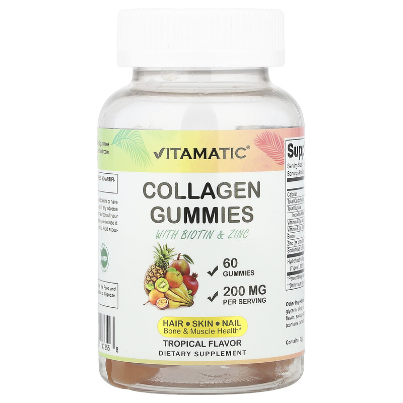 

Vitamatic, Жевательные мармеладки с коллагеном с биотином и цинком, тропические, 60 жевательных таблеток