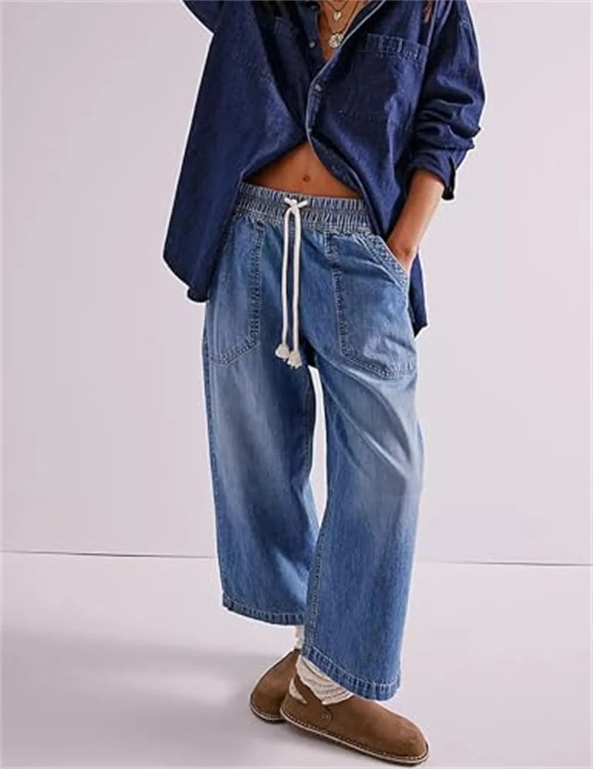 Джинсы свободные, Women's Drawstring Mid Waisted Wide Leg Jeans, Dark Blue — фото 2