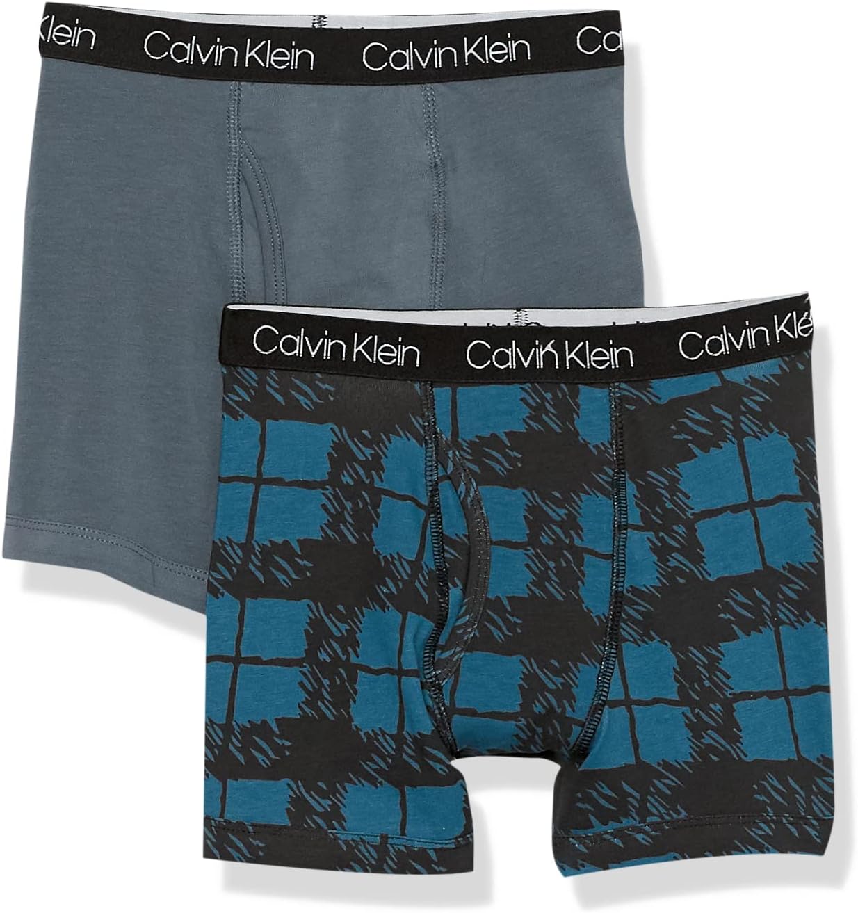 Комплект из двух пар трусов-боксеров Calvin Klein для мальчиков | Премиальный хлопок, комфорт, Blue Plaid/Darkslate